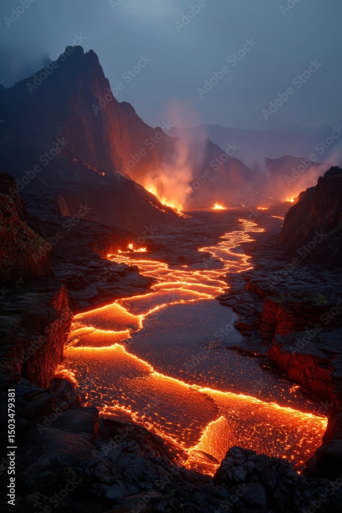 Fototapeta premium Glowing Lava Flowing Through Dark Volcanic Rocks at Night