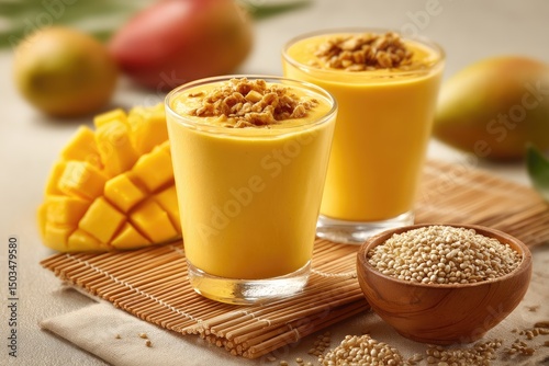 Two glasses of vibrant mango smoothie topped with granola, beside diced mango and quinoa photo