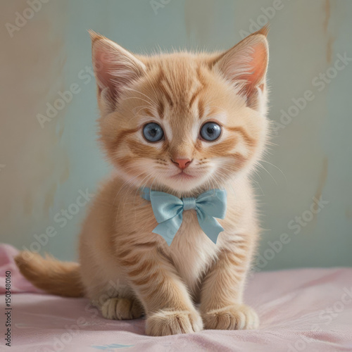 Cute orange tabby kitten wearing a light blue bow tie, sitting on a soft surface with a pastel background, looking directly at the camera.