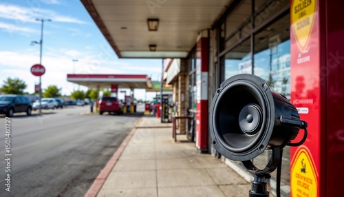 Outdoor speaker mounted on wall at gas station with cars nearby  