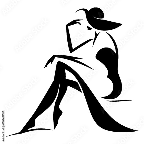 Contemplative Woman in Hat Depicted in Minimalist Black and White Illustration