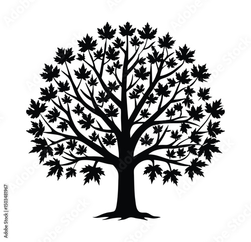 A stylized vector tree silhouette with roots, illustrating nature's green leaf and branch design through all seasons, symbolizing growth and life