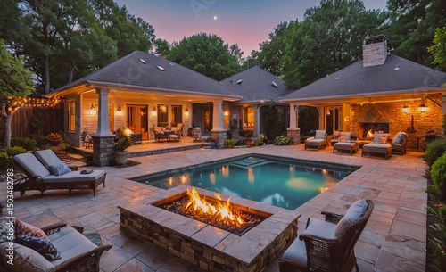 Large house with a pool and a fireplace. The pool is surrounded by chairs and the fireplace is lit. Scene is warm and inviting