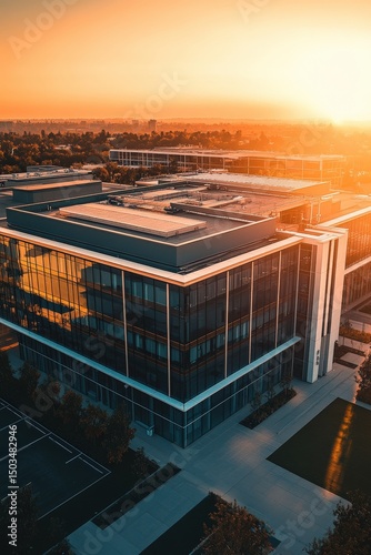 Aerial view of modern office building surrounded by nature at sunset