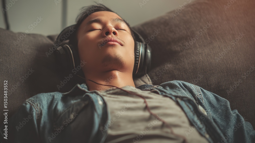 Obraz premium Man with headphones resting on a couch with eyes closed and wearing a denim shirt in a dim lit room