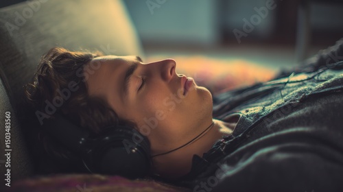 A young man with curly hair lying down with his eyes closed and headphones on listening to music photo