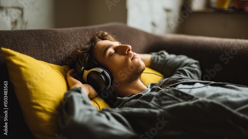 A young man relaxing on a couch with headphones and a yellow pillow enjoying music with closed eyes