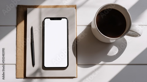 Top view of a smartphone on a notebook with a pen and a cup of coffee on a white wooden surface
