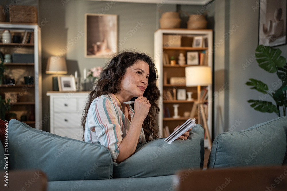 Obraz premium Woman relaxing on sofa and writing in notebook at home