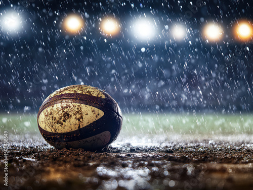 muddy rugby ball on wet grass field during heavy rain storm weather