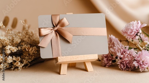 Gift Card Elegance Bow with Flowers, and Easel on Beige Backdrop.