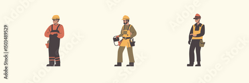 Three construction workers wearing protective equipment and safety gear standing isolated on light background in flat minimalist vector style building site concept