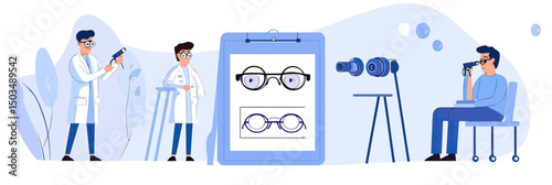 Ophthalmologist holding eye exam glasses near eye testing lens equipment with patient checking vision in clinic minimalist flat vector illustration
