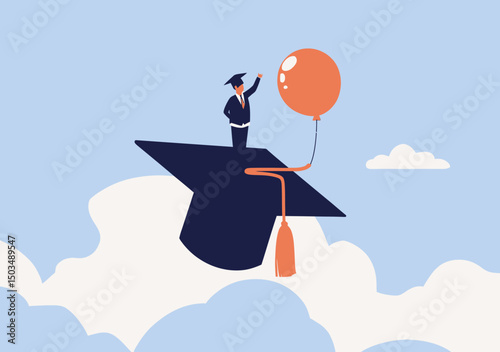 Businessman wearing graduation cap flying on oversized mortarboard balloon above clouds symbolizing career growth success achievement and future vision in flat vector style