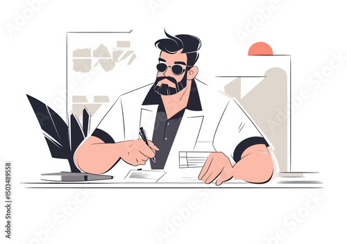 Businessman wearing sunglasses working at desk with pen and paper in minimalist vector office setting with modern decor and plant background illustration
