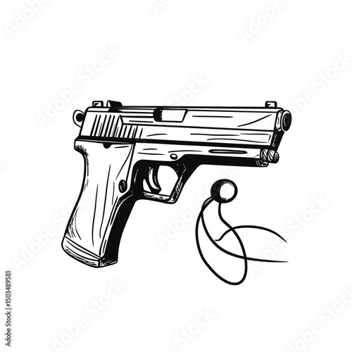 Hand drawn sketch style semi automatic handgun with trigger safety cord isolated on white background detailed vector illustration for firearm concept design