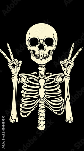 Skeleton making peace sign with both hands smiling skull and rib cage on black background detailed minimalist vector illustration for edgy graphic design
