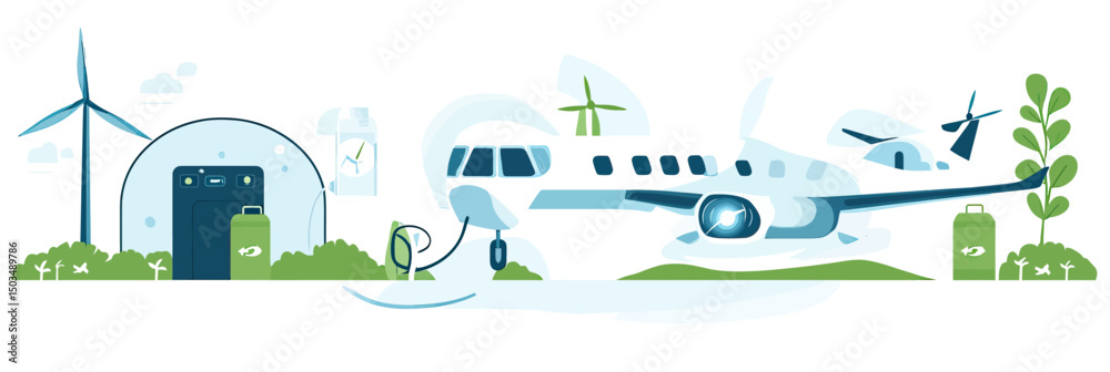 Naklejka premium Electric airplane charging at sustainable renewable energy station with wind turbine and green environment future aviation concept vector illustration