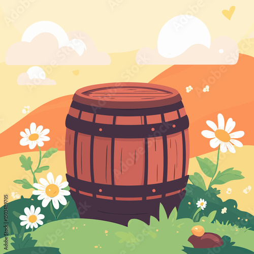 Wooden barrel on grassy hill with white daisy flowers under warm pastel sky featuring clouds and hearts in flat minimalist vector style
