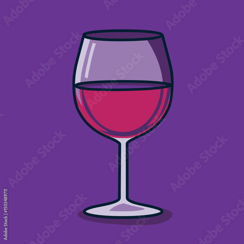 Minimalist flat vector illustration of red wine glass silhouette with purple background simple alcohol drink icon design concept for bar or restaurant branding