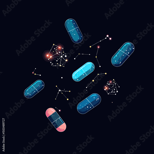 Abstract capsules and pills with constellation star patterns and cosmic network connections on dark background health medicine concept vector illustration