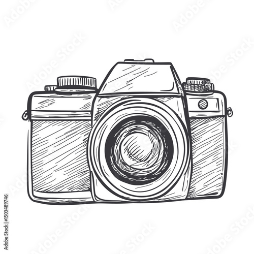 Hand-drawn sketch of vintage film camera with lens and dials detailed black and white illustration for photography concept design