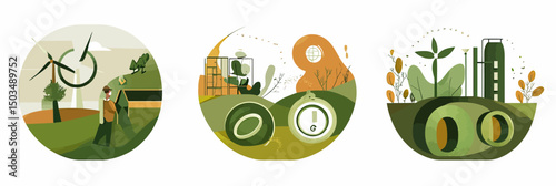 Sustainable green energy wind turbines worker circular economy eco friendly industry renewable resources nature environmental conservation flat vector illustration set