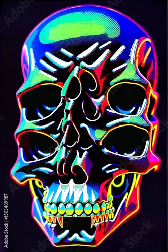 Vibrant Neon Skull Illustration Featuring Dynamic Multicolor Patterns