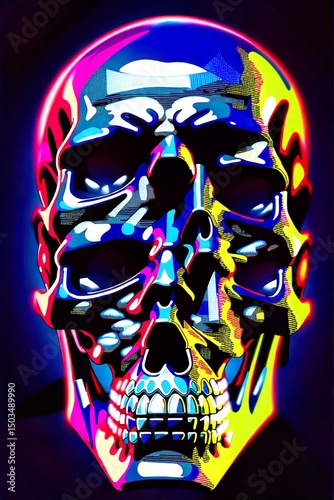 Vibrant Neon Skull Illustration Featuring Dynamic Multicolor Patterns