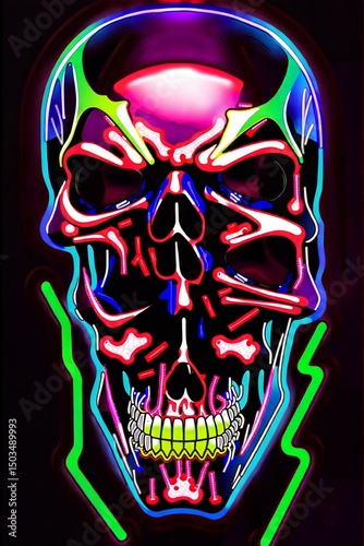 Vibrant Neon Skull Illustration Featuring Dynamic Multicolor Patterns