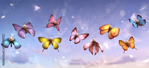 A row of colorful butterflies with different colors and patterns