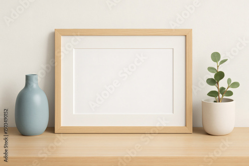 2:3 landscape horizontal picture frame mockup with mat for photos and art. Clean and neutral styling with blue accent vase and small houseplant.