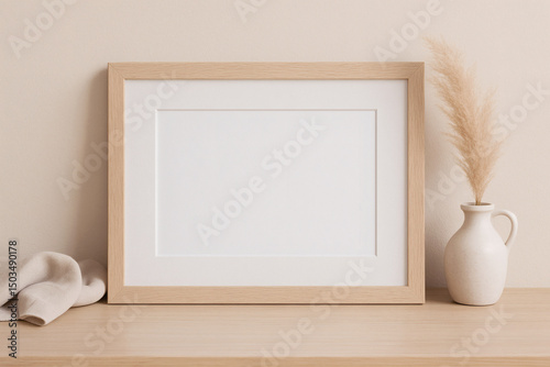 2:3 landscape horizontal picture frame mockup with mat for photos and art. Light, neutral, clean styling with pampas grass and linen. 