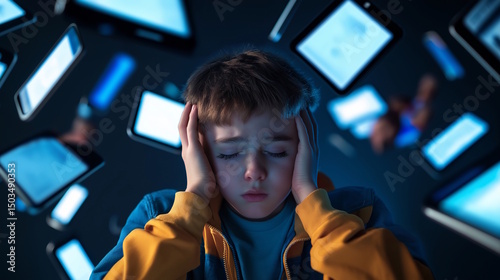 Young boy expressing stress and anxiety while surrounded by floating smartphones and tablets against a dark background, mental health awareness and brain rot concept of counseling or therapy