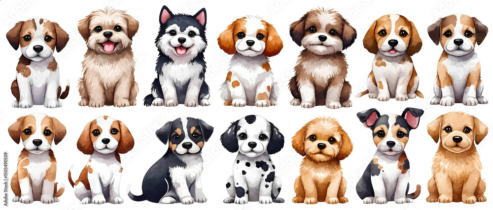 Obraz premium A row of puppies with different colors and markings.