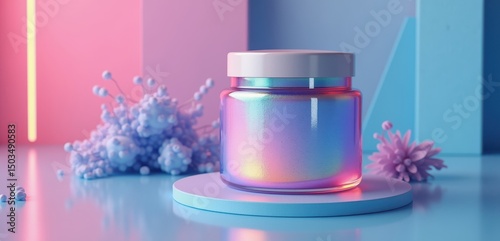 A stylish jar with a vibrant gradient, set against a modern pastel backdrop. Ideal for beauty, skincare, or product packaging designs.