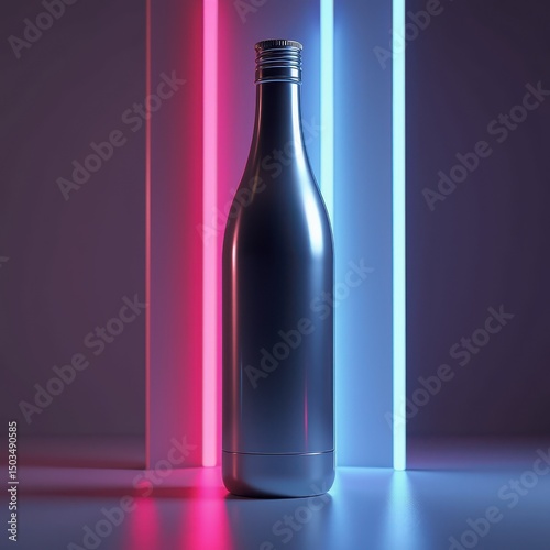 A sleek, metallic bottle illuminated by vibrant neon lights, creating a modern and stylish aesthetic suitable for branding and marketing visuals.