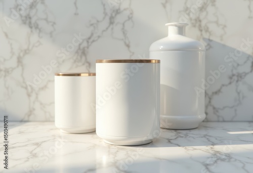 Elegant white ceramic jars with gold accents on a marble surface, perfect for showcasing luxury home decor, candle branding, or minimalist design concepts.