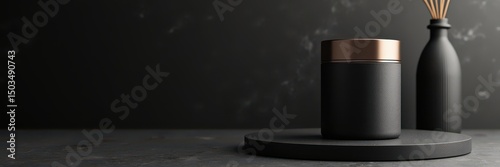 Elegant black candle jar and diffuser on a dark surface, perfect for home decor, wellness, and lifestyle branding.