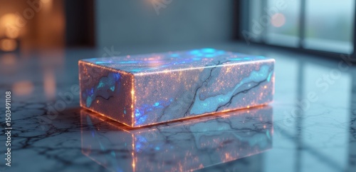 A stunning 3D-rendered block with shimmering textures and ethereal colors, set against a sleek marble background, perfect for modern design, technology, or luxury branding.