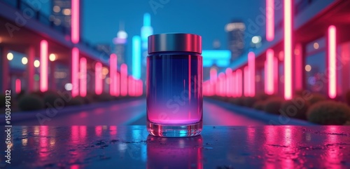 A vibrant, illuminated glass container with a gradient design, perfect for marketing skincare, perfumes, or beverages in modern aesthetics.