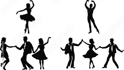 Silhouettes of ballet and ballroom dancers in elegant poses