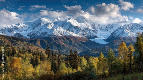 Alaskas Autumn Majesty SnowCapped Peaks  Fall Foliage Dreamscape.