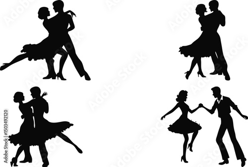 Ballroom dance couples performing passionate silhouette moves