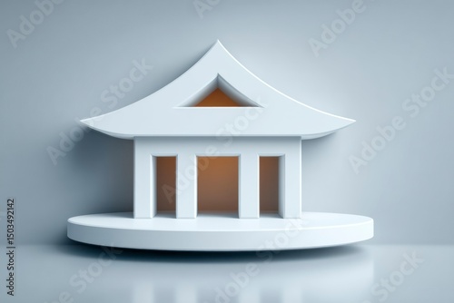 Minimalist Architectural Design with Traditional Roof and Open Structure on a Circular Base for