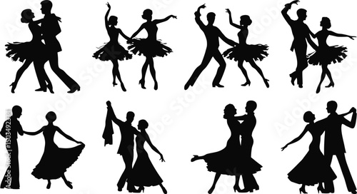 Dynamic ballroom dance couples in silhouette performing dance routines