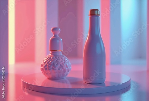 Elegant product display featuring a unique perfume bottle and a cylindrical container, set against a vibrant, modern backdrop. Perfect for beauty or product marketing.