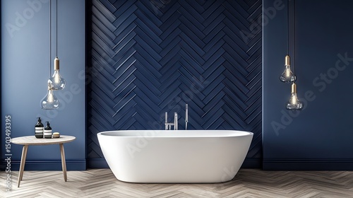 Modern bathroom interior with herringbone navy blue wall tiles and a freestanding bathtub.