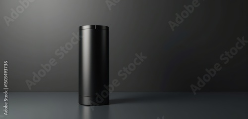 A sleek, modern black cylindrical container on a minimalist surface against a dark backdrop, perfect for showcasing innovative product designs or branding concepts.