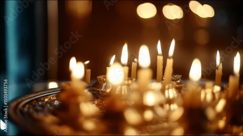 Burning candles placed on an ornate tray reflecting ambient light in a religious, spiritual setting creating warm atmosphere.